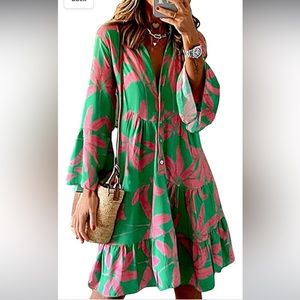 Women’s Ruffle Flared Sleeves Hawaiian Floral Print V-Neck Dress LARGE NWOT CUTE